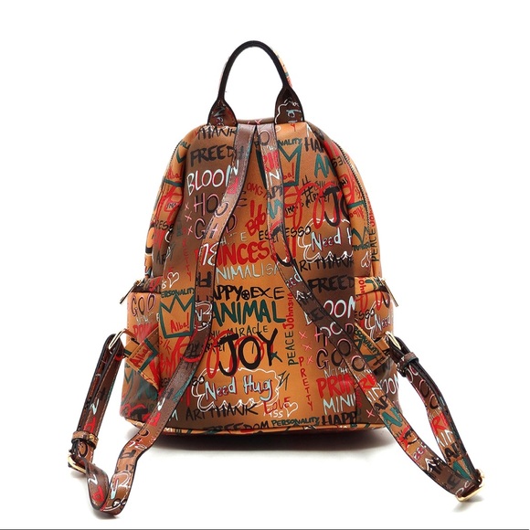 NEW Graffiti Print Backpack Brown, Black,  Multi main image 5